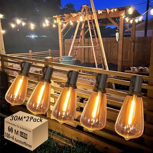 60M LED Lichterkette Außen Strom mit 100+4 Stk. ST38 Glühbirnen Plastik | Warmweiße 2700K,2,98 m Stromkabel,Außen Lichterketten für Pergola, Hochzeiten, Partys,2 Stück