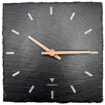 matoxplus Schiefer-Wanduhr 20x20 cm, lautlos, holzfarbene Zeiger | Quadratisches Design, Wand- und Standaufstellung, Batterie nicht enthalten