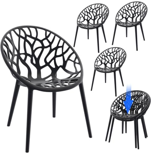STEELSØN Quanta Gartenstühle 4er Set – Loungesessel Schwarz aus Kunststoff – Outdoor Schalenstuhl für Garten/Balkon/Terrasse – stapelbare Balkonstühle wetterfest UV-beständig – Gartensessel bis 120 kg