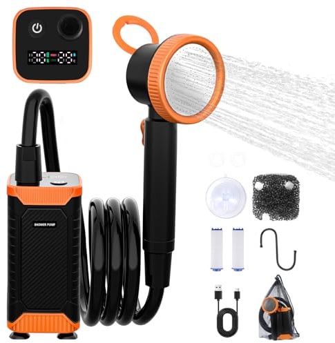 Heyeke Ducha Portátil de Camping, Bomba Recargable 8000 mAh con Doble Velocidad, IPX8, Pantalla Digital Inteligente - Kit para Exteriores Ideal para Viajes, Lavado de Coches y Baño de Mascotas