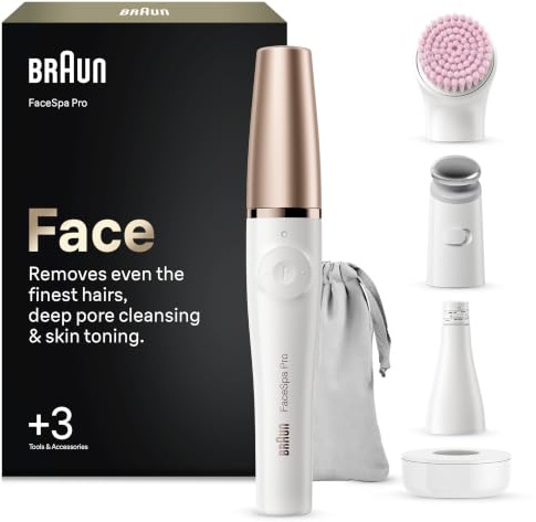Braun Gesichtsepilierer Damen FaceSpa Pro, Wasserdicht, SE 912, Weiß/Bronze | Damenbart Entferner, Gesichtsreinigungsbürste, Haarentfernungt, Hautreinigungs Und Hautstraffungs System, Inkl. 3 Extras