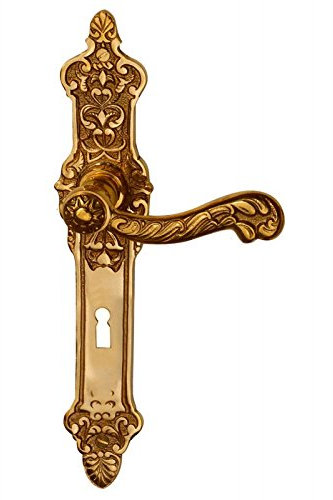 Türdrücker-Garnitur antik mit Langschild für Zimmertüren | Gründerzeit | Modell Bad Kreuznach | Messing poliert | handgefertigt nach historischen Vorlagen