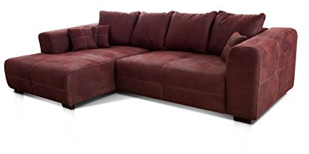 Cavadore Ecksofa Mavericco / XXL Eckcouch Inkl. Rückenkissen und Zierkissen / Longchair links / Industrial Style / 285 x 69 x 170 (BxHxT) / Mikrofaser Rot (bordeaux)