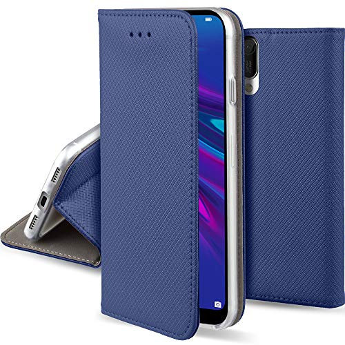 Moozy Cover per Huawei Y6 2019, Blu Scuro - Custodia a Libro Flip Smart Magnetica con Appoggio e Porta Carte