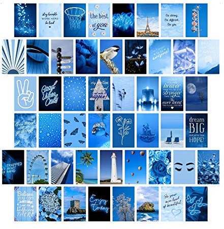 Blaues ästhetisches Wandcollage-Kit Bilder, Raumdekoration für Schlafzimmer, Ästhetik, Jugendliche, Mädchen, Zimmer-Dekor, Wandkunst, Boho-Dekor, 10.2x15.2 cm, 50 Stück