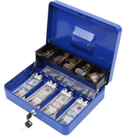 Xydled Caisse à monnaie en métal avec plateau à billets et serrure à clé, boîte de rangement, bleu, 4 emplacements pour billets/5 pièces de monnaie, 30 x 24,1 x 8,9 cm