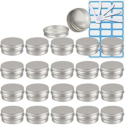 ZEOABSY Pack of 50, Empty 10ml Silver Aluminium Tins with Screw Lids Round Cosmetics Containers Pots Storage Jars for Lip Balm DIY Candle Salve Powder Crafts with 5 Spatula, 2 Labels