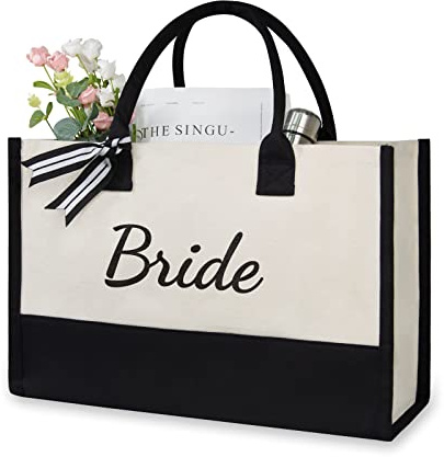 TOPDesign Canvas Tote Bag for Bride, Personalized Bride Gifts for Wedding Bridal Shower Bachelorette Party Engagement Honeymoon, Bridal Accessories Newlyweds Present