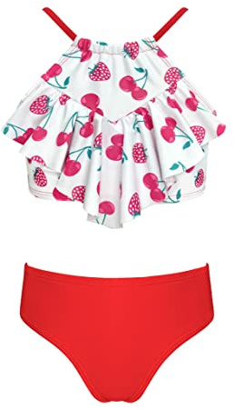 SHEKINI Imprimé Réglable Maillot de Bain Deux Pièces pour Filles Volants Top Bikini Mid Waist Bas de Maillot Bikini Filles(8 Ans, Rouge-Imprimé)