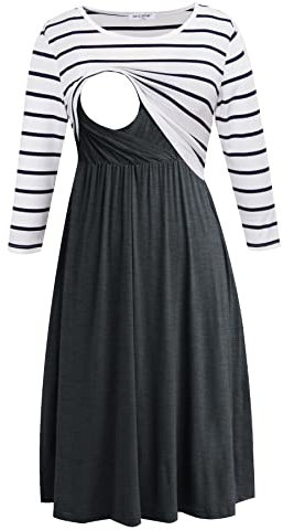 Smallshow Damen Schwangerschaftskleid Umstandsmode Kleide Umstandskleide Stillkleide White Stripe-Deep Grey L