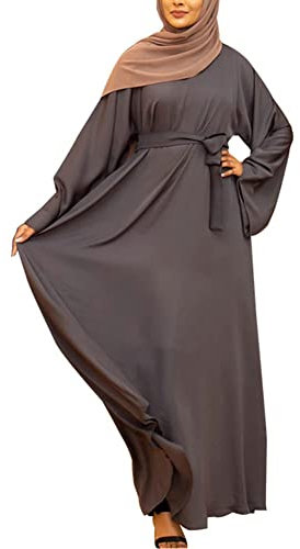 IWEMEK Women Abaya Muslim Dubai Kaftan Dress Solid Plain Full Length Loose Fit Long Sleeve Maxi Robe Arabic Burka Islamic Dresses Middle East Outfits Clothing Gray M
