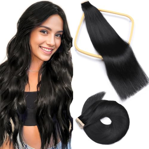 HotLulana Tape Extensions Echthaar Tief Schwarz Extensions Echthaar 14zoll/35cm 40g Invisible Remy 100% Natürliche Tape in Extensions Echthaar 20pcs Skin Weft Tape Ins Extensions #1.