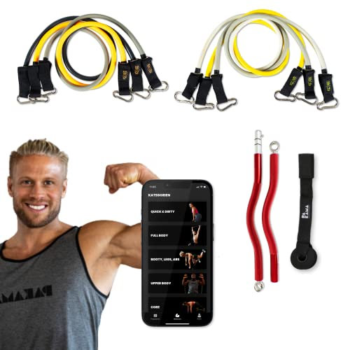PAKAMA - Premium 6er Set Widerstandsbänder inkl. SZ-Stange (Bar) für Home Workout & Krafttraining Zuhause - Extrem & Heavy Resistance Bands 14kg bis 24kg - Fitness-Bänder für bis zu 220kg Widerstand