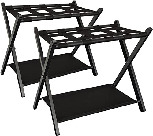 Queension Faltbarer Gepäckträger mit Ablage für Gästezimmer, faltbarer Metallkoffer-Aufbewahrungs-Caddy für Schlafzimmer, Hotel, Schwarz, 2 Stück