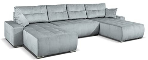 MargaretHadas24 Ecksofa U-Form MEDIOLAN III mit Schlaffunktion und Bettkasten 362 cm Wohnlandschaft Sofa XXL (Paros 05 - hellgrau)