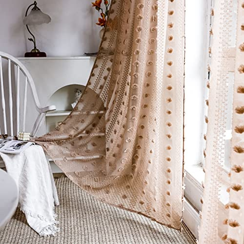 SASIGAYA Gardinen 2er Set Transparente Braun Voile Vorhänge Pom Pom Durchsichtige Vorhang lang 3m Dekoschal Vintage Landhausstil Bauernhaus Stabtaschenvorhänge für Modern Küche Wohnzimmer Schlafzimmer