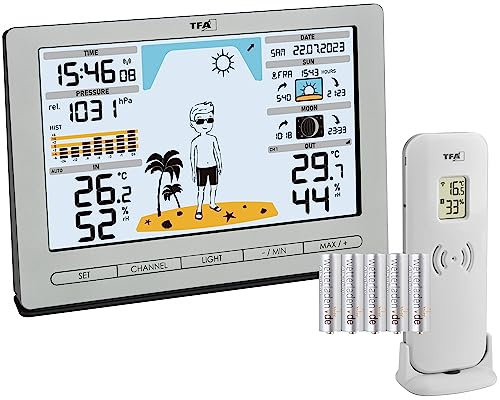 TFA Dostmann Funk Wetterstation METEO JACK, 35.1097.01, inkl Außensender, mit Wettervorhersage, Luftdruck, Mondphase, Sonnenaufgang- & -untergang, Funkuhr, silber mit Batterien