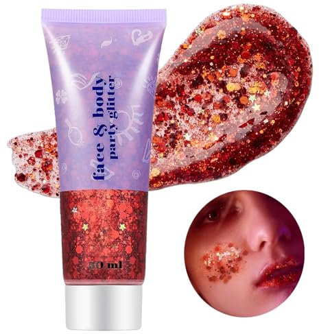 Go Ho Red Body Glitter Gel 50ML,Singer Concerts Face Glitter Makeup,Holographic Long Lasting Chunky Sequins Glitters for Eye Lip Hair Nails,Festival Rave Accessories,07 Red Glitter