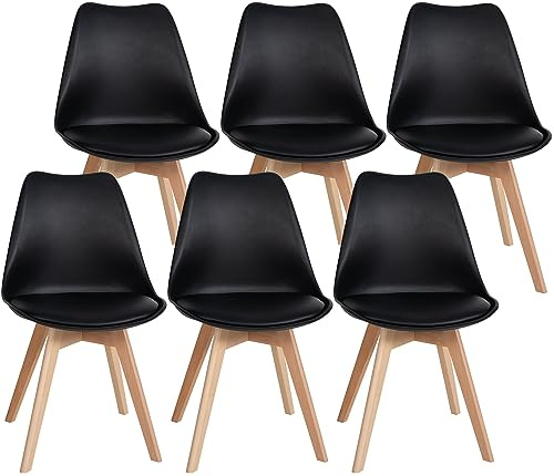CLP 6er Set Esszimmerstuhl Ramsey I Kunststoff-Sitzschale Mit Kunstlederbezug I Lehnstuhl Mit Buchenholz-Gestell Farbe schwarz