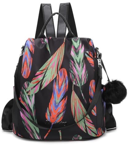 OLIVIA WONG Mochila antirrobo Impermeable para mujer (13L)| Mochila Convertible en bolso con pompom y Asa desmontable de adorno - Plumas Multicolor