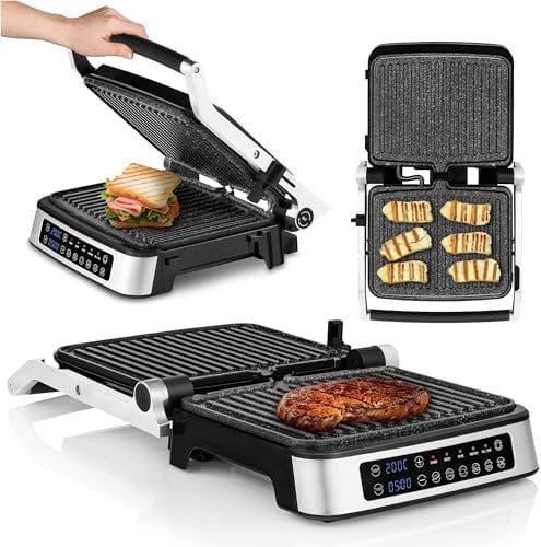 ZEEGMA Grill Chef Elektrischer Kontaktgrill und Sandwichtoaster 2100W, herausnehmbare Heizplatten, 2in1, 180 ° klappbar, Antihaftbeschichtung, Tropfschale, akustische Benachrichtigungen (SILVER)