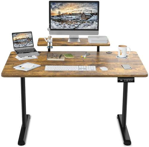 TRIUMPHKEY 140 x 60cm Höhenverstellbarer Schreibtisch mit Monitorständer, Schreibtisch Höhenverstellbar Elektrisch Ergonomischer Steh-Sitz Tisch, Standing Desk, Vintagebraun