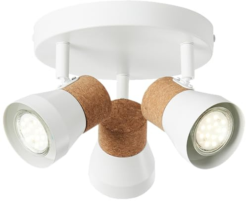 Lightbox skandinavisches Spotrondell mit Ø 28 cm - Nature Deckenstrahler mit schwenkbaren Köpfen - 3 x GU10, max. 10 W - aus Metall/Kork - in Weiß Matt/Braun