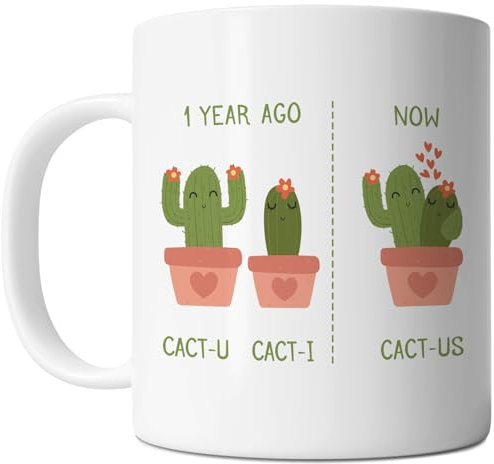FLEXISAVVY 1 Year Anniversary Valentine's Day Mug - Cactus Theme First Year Anniversary - Funny Boyfriend Girlfriend Couple Gift Idea For Mens and Womens White 11oz Ceramic Coffee Mug