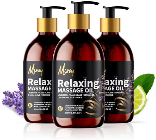 Relaxing Massage Oil by Missy - Luxurious Soothing Blend Massage Oil for Date Night with Lavender, Chamomile, Ylang Ylang & Bergamot, Enriched with Vitamin E, Lightweight Grapeseed Oil Base