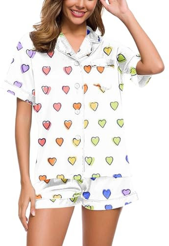 KBOPLEMQ Ostern Pyjama Set Damen Bequeme Revers Cami Bluse Kurzärm mit Knöpfen Y2K Damen 2-teiliges Bequeme Weich Schlafanzug mit Shorts Zweiteiler Osterhase Druck Schlafanzug Set