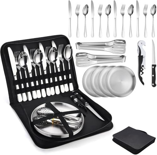 Juego de cubiertos de camping para 4 personas, 20 piezas, juego de cubiertos de acero inoxidable para exteriores, juego de vajilla con cuchara y tenedor, cuenco portátil, bolsa de cubiertos para