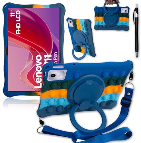 ATOOZ for Lenovo Tab M11 Case for Kids 11 inch,Soft Silicone Bubble Cartoons Case for Lenovo M11 Tablet (TB330F) with 360° Rotatable Stand & Shoulder Straps & Stylus Pen (Dazzling Blue)