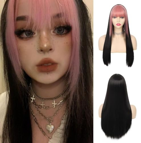 Salaibs Schwarze Rosa Lang Gerade Perücke mit Pony Damen Synthetische Hitzebeständige Faser Cosplay Halloween Perücke