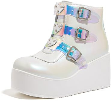 LUCKY STEP Stivaletti con Plateau per Donna - Punta Tonda Cerniera Zeppa Tacco Suola Spessa Fibbia (Ologramma Bianco, 6US-37EU-4UK)