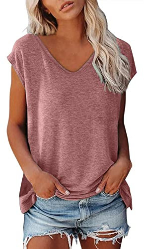 Gyaimxfu Magliette Donna Manica Corta Estive T-Shirt Donna Cotone Stretch Elegante Top Canotta da Donna Scollo a V Casual Tinta Unita Sportivi a Maglia Vintage Moda Blusa Camicia Loose Top Shirt