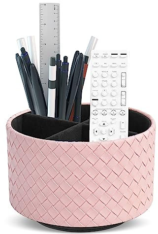 Czzmy Rotation range télécommande,Circulaire Support de télécommande en PU Cuir avec 4 Compartiments,Organisateur de bureau multifonction pour TV telecommande,Lunettes,Crayons(1-Tressé rose)