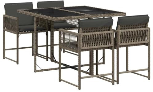 vidaXL Garten Essgruppe 5-TLG., Gartenmöbel Set Tisch mit 4 Stühle, Gartengarnitur mit Kissen, Sitzgruppe Essgarnitur Terrasse, Grau Poly Rattan