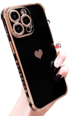 Case for iPhone 7 Plus/iPhone 8 Plus Cute Heart Pattern Design Cover Slim Luxury Bling Plating Soft TPU Anti-Scratch Shockproof Bumper Phone Case for Women Girls - Black