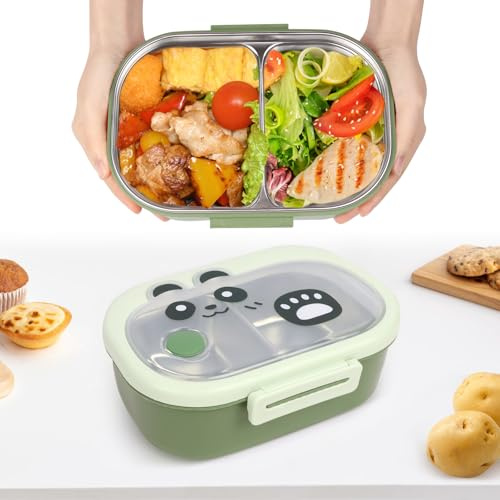 Figarge Kinder Brotdose Edelstahl Lunchbox aus Edelstahl Mit 2 Fächern, Bento Box Auslaufsichere Brotdose Kinder und Erwachsene,Wasserdicht, BPA freie & Spülmaschinenfest Jausenbox mit Motiv (Grüne)