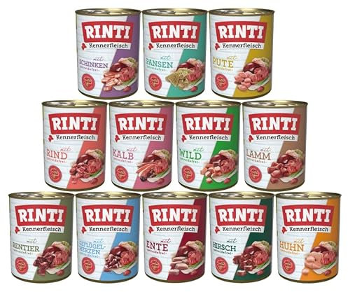 RINTI-Kennerfleisch 12 x 800g Mixpaket | 10 garantierte Sorten | getreidefreies Nassfutter mit 70% Fleisch & Innereien | ohne Soja | Hundefutter