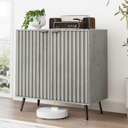Smuxee Freistehendes, geriffeltes Sideboard, graues Waschbuffet mit Holzaufbewahrung, verstellbare Ablage für Wohnzimmer, Eingangsbereich, Flur