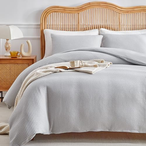 WARMDERN Waffle Weave Light Grey Duvet Cover King Size, Textured, 3-Piece | Zipper Closure, 4 Corner Ties, All-Season, Machine Washable, Ultra Soft, Breathable, Lightweight Bedding Set, Durable