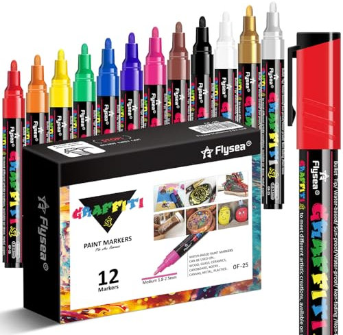 Alitastro 12 Acrylic Paint Pens - Waterproof Fabric Paint Markers Acrylic Markers for Rock Painting, Glass, Wood, Stone, Canvas, Metal, Arts and Crafts for Adult, 2-3mm Medium Tip