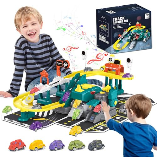 Sternstunde Autorennbahn Dinosaurier Spielzeug Schienen, 32 Stück Dino Rennbahn Autobahn, Autogarage Spielzeug mit Parkhaus, Rampen, Aufzug, Inklusive 5 Autos, für 3-8 Jahre Jungen Geschenke