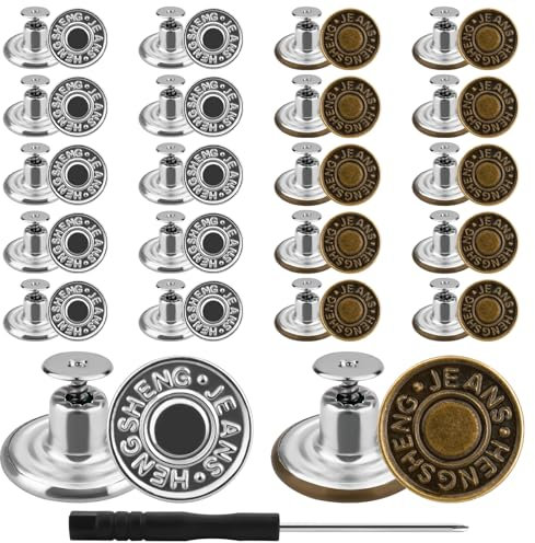 rietegio 40Pcs Jean Buttons 17mm No Sew Metal Buttons Jeans Buttons Replacement Adjustable Jean Button Pins with Screwdriver Waist Tightener Clips for Jackets Clothes Denim Skirt Clothing Repairing