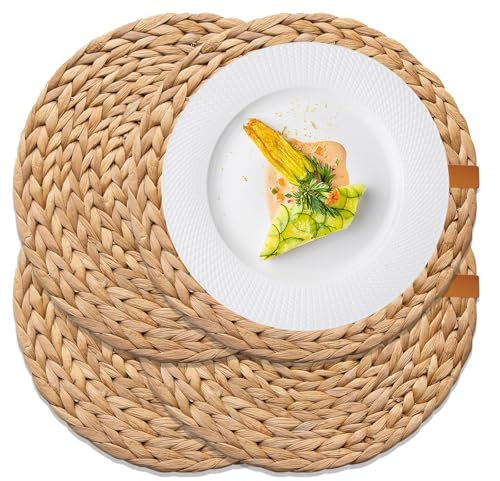 Set di 4 tovagliette in giacinto d'acqua, 30 cm, realizzate a mano, in erba di mare, antiscivolo e resistente al calore, perfetto per tavoli da pranzo, sottobicchieri e decorazioni bohémien
