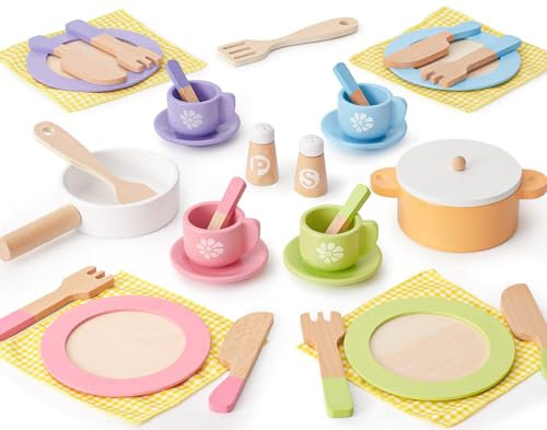 Atoylink Accessori Cucina Legno per Bambini Cucina con Tovaglia Posate Piatto Pentole Bambini Cucina Giocattolo Utensili Cucina Regalo Gioco per Bambina Bambini 3 4 5 6 anni