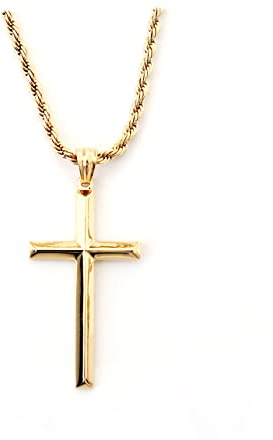 LIFETIME BLING 18K Gold Chain Cross Pendant Necklace for Men, Women 3MM Rope Cuban Curb Chain w/real strong Solid Clasp gift for husband, wife Religious Beveled Edges