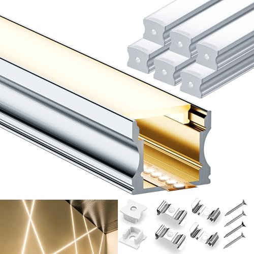 LED Profil, LED Schiene, U Profil Aluminium 6x 2m Aluprofile mit 6x milchigem Diffusor, 12 Endkappen & 24 Befestigungsclips, Lichtleisten Profil für Wand & Decke，Für indirekte Beleuchtung