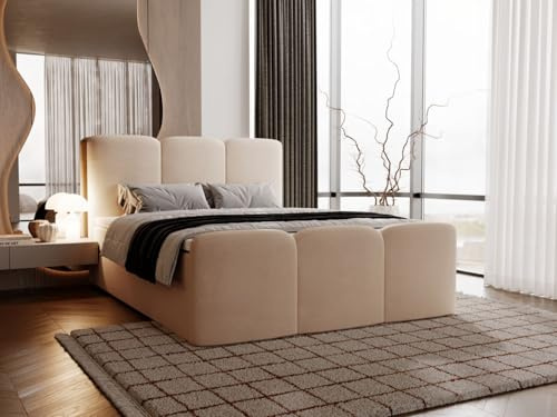 GRAINGOLD Campi Bett 160x200, Boxspringbett mit Bettkasten, Polsterbett mit Bonell-Matratze, Samt Stoff, mit Topper, mit Kopfteil (Beige, 160x200)